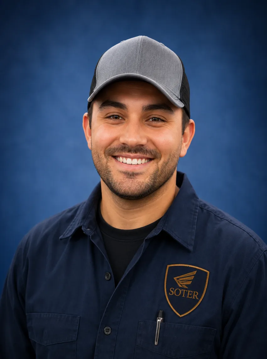 Nathan Wolf, founder and lead technician of Soter Auto, in a Soter Auto work shirt